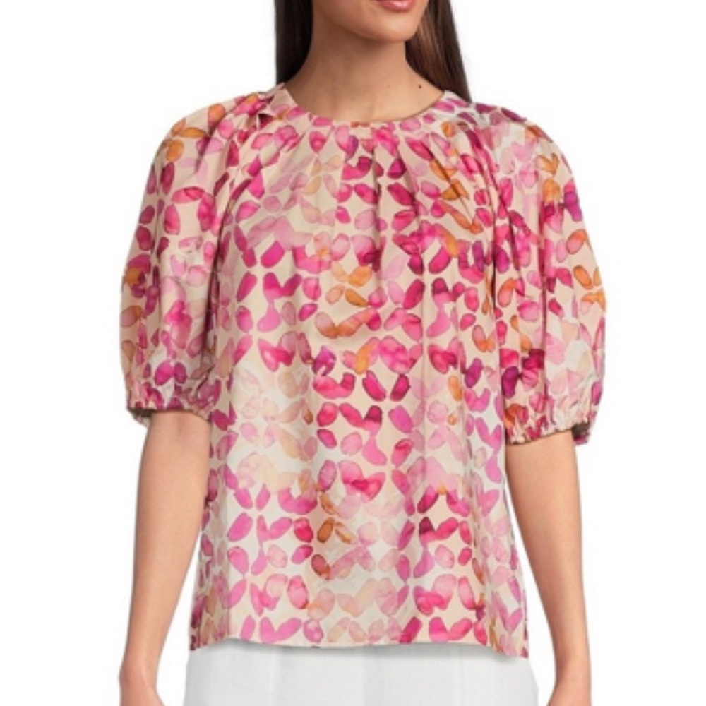 Tyler Boe- Ballet Slipper Pink and Orange Peasant Blouse Scrunch Puff Sleeve